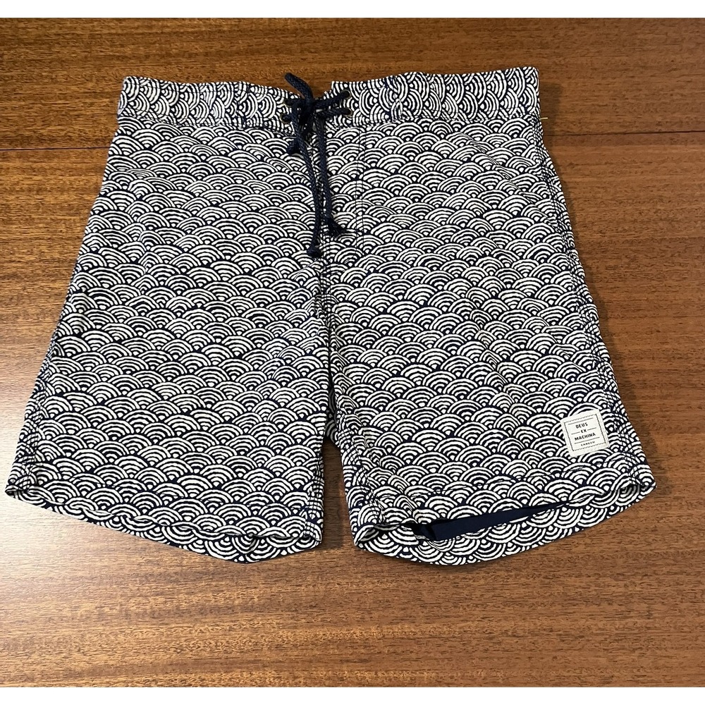 Deus Ex Machina Board Shorts Men 31 Canggu Bali Navy White Wave Print Swim Trunk